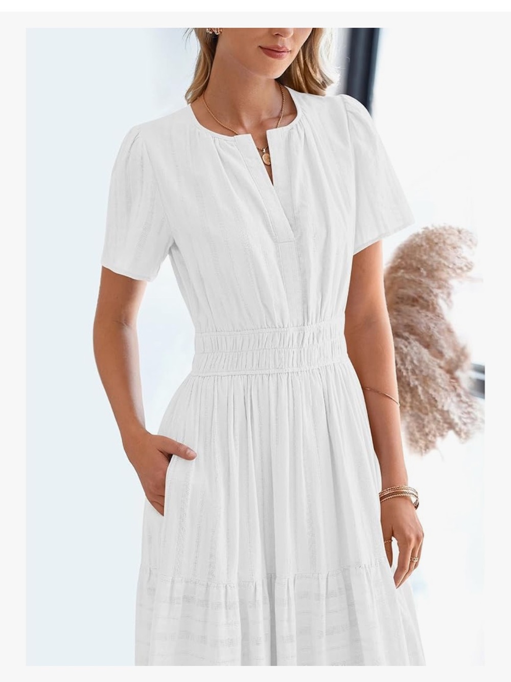 Smocked-Waist White Maxi Dress with Short Sleeves, pockets - Picture 2 of 9